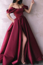 Burgundy Off The Shoulder Prom Dresses Long Formal Dresses With Slit DMKK48
